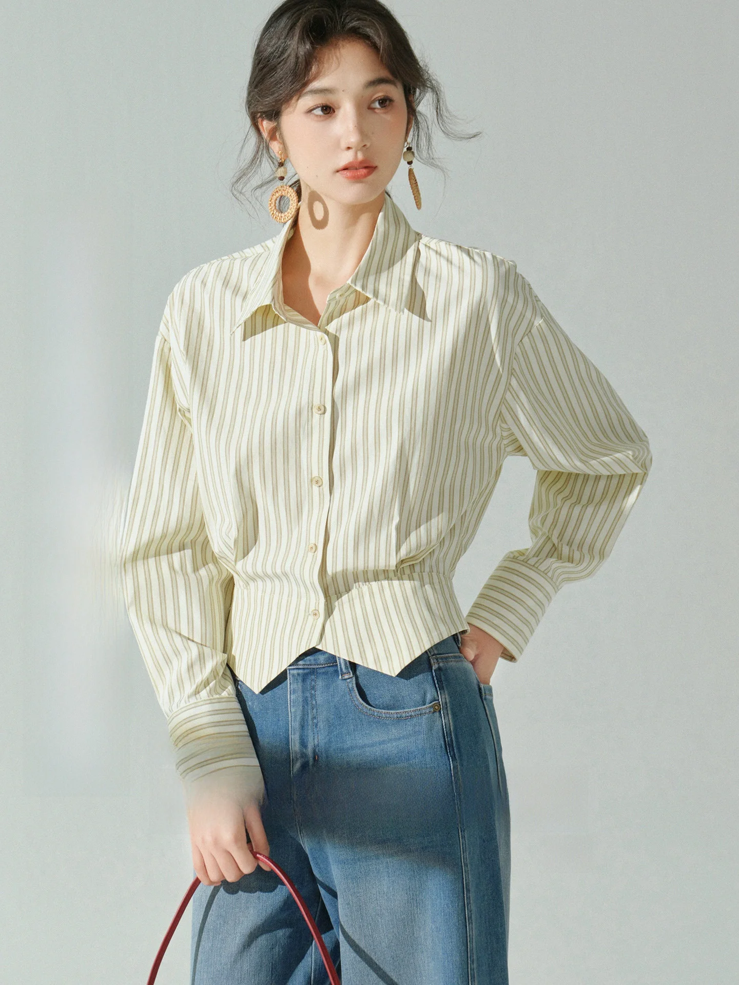 

bunny Women's Casual Stripe irt with Slit Loose Long Sve Turn-down Collar Autumn Faion Slimming Top