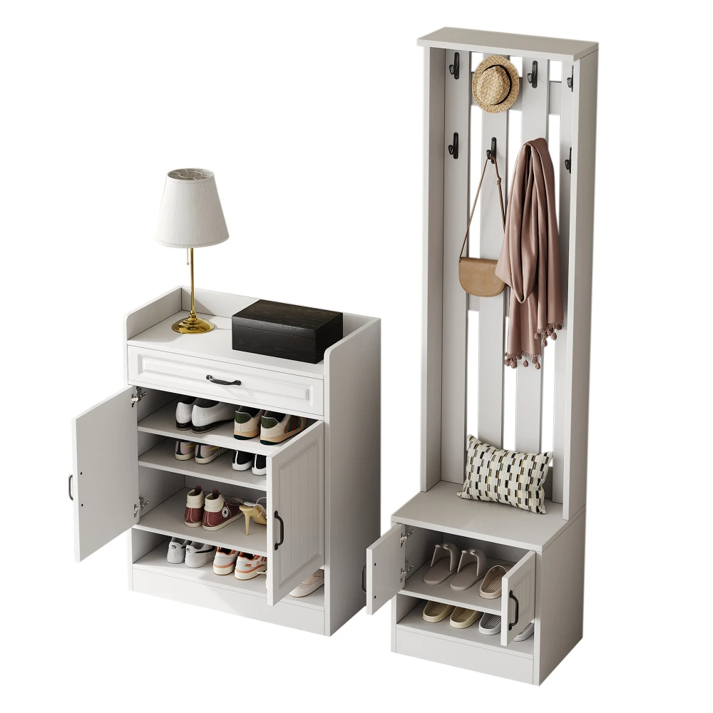 PINGGO Garderobenset, Wandschrank mit Schuhregal, 8 Haken, 4 Türen, 1 Schublade, weiße Flurmöbel, 125 x 36 x 190 cm – Detail 19