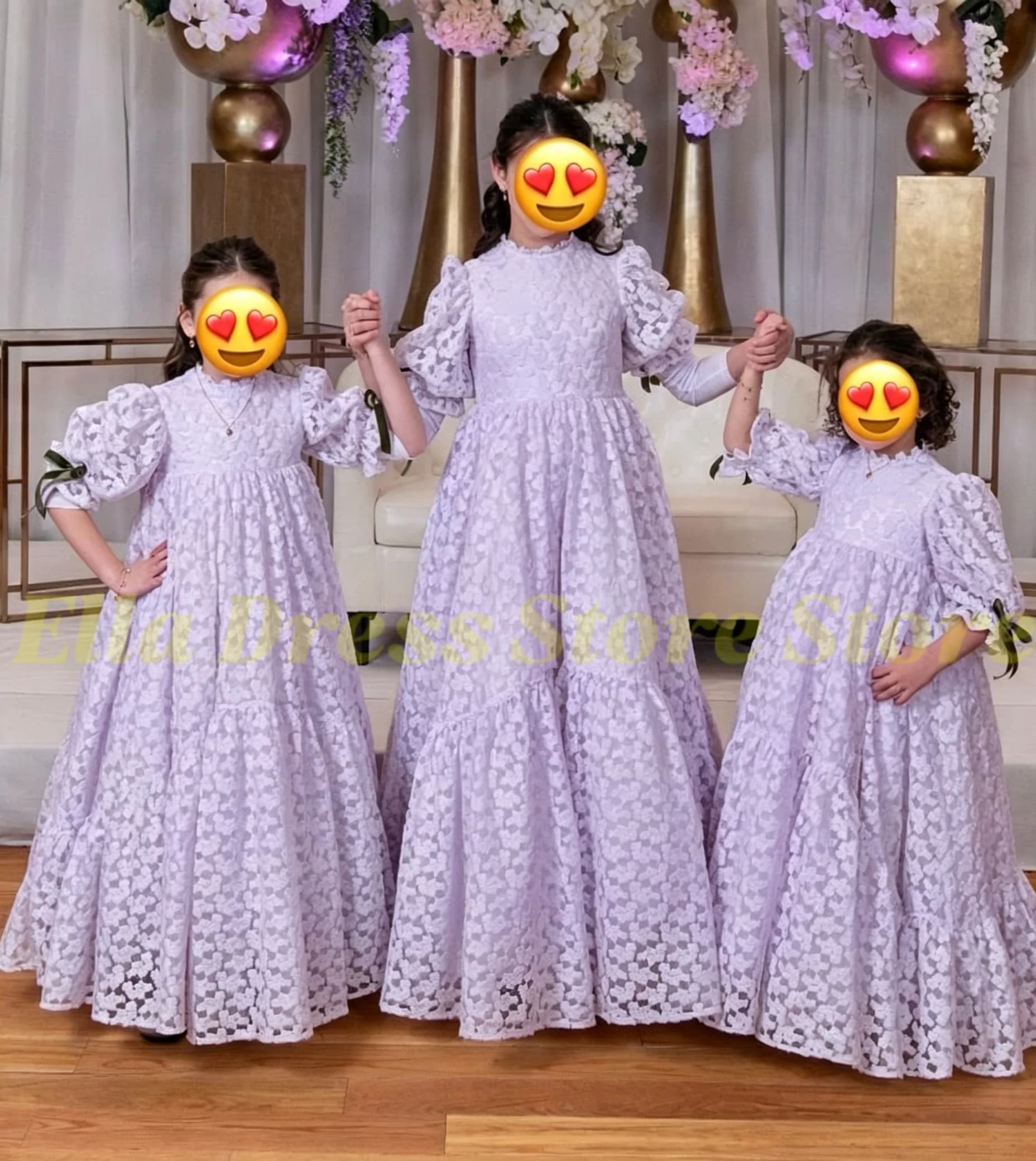 Blumenmädchenkleid Weiß mit Ballonärmeln, Blumenmädchenkleider für Hochzeiten, Ausgeschnittene Spitze, Langes Prinzessinnenkleid für Kinder, Festkleid für Mädchen – Detail 4