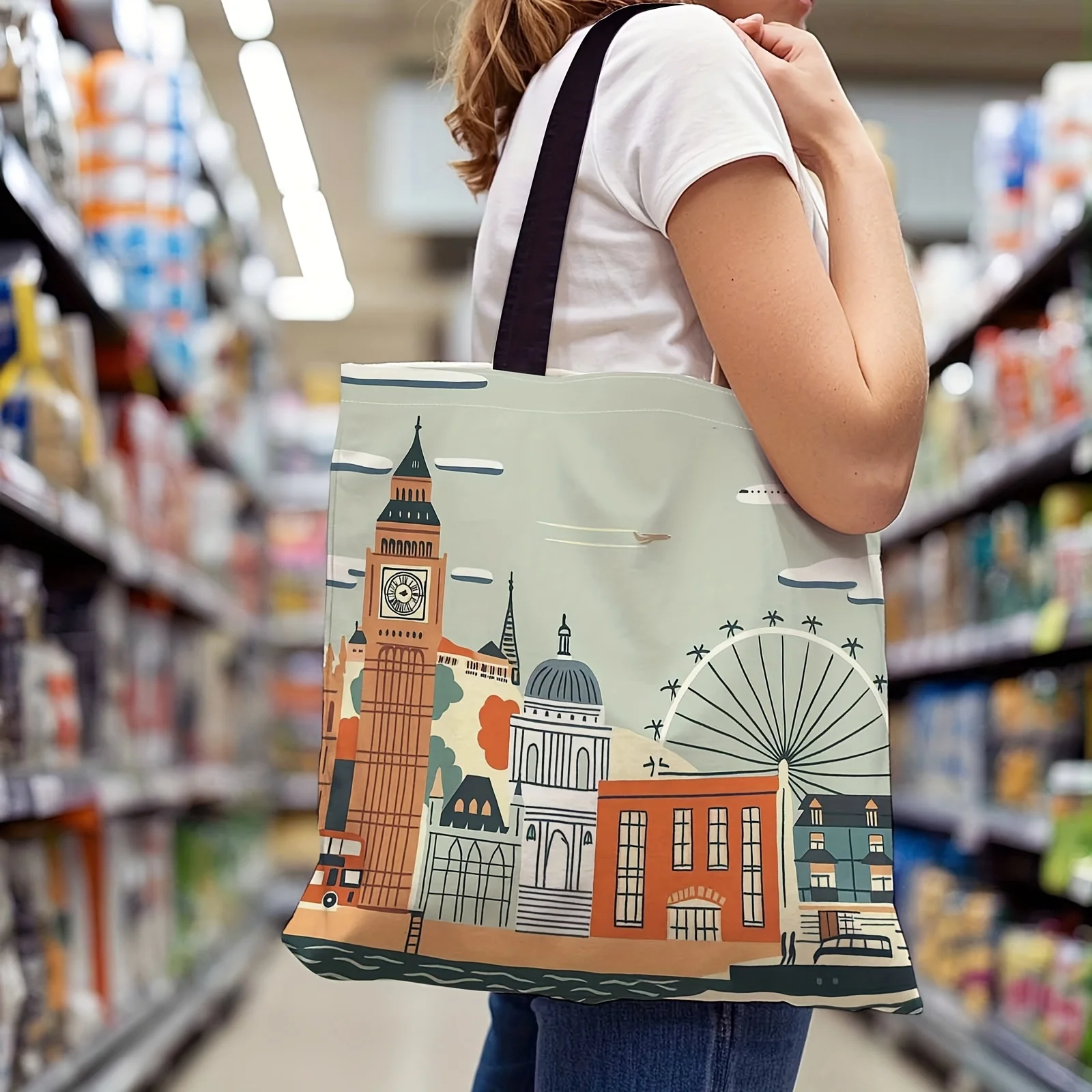 A Reusable And High-Quality Tote Bag Featuring Unsealed Illustrations of London Landmarks And Cityscapes for Shopping Pouch