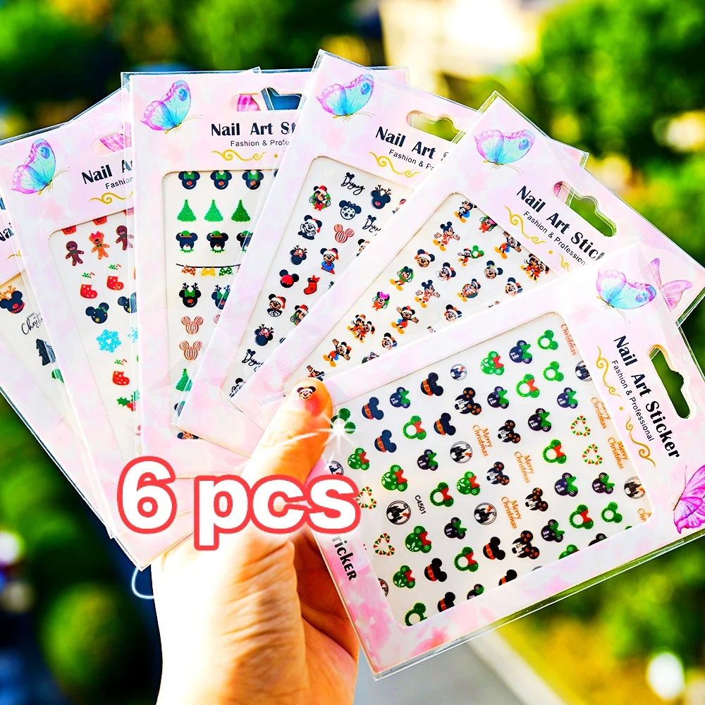 6pcs Mickey Disney Stcikers ชุดสําหรับเล็บ Kawaii Mickey Mouse เด็กการ์ตูน Self กาวเล็บรูปลอกโทรศัพท์หนังสือตกแต่งเล็บ