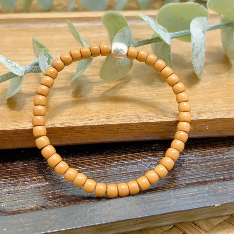 Olive Stone Bead Single Circle Bracelet with 925 Sterling Silver Hand Stringing and Buddhist Prayer Beads