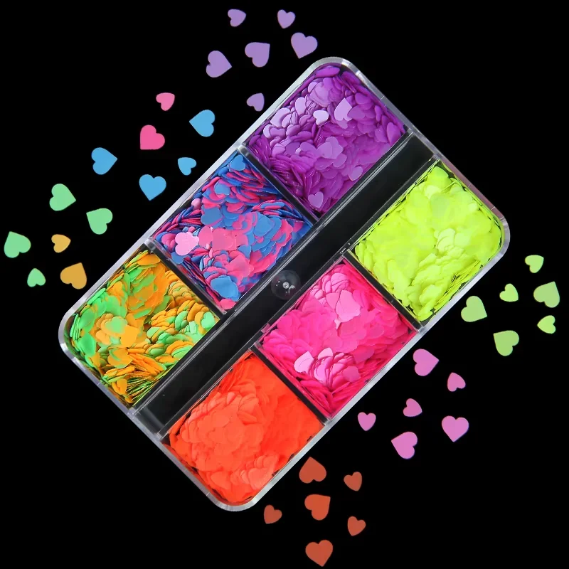 6 กริดผสม Love Heart Holographic เล็บ Charms Glitter Sequins 3D เลเซอร์ตกแต่งเล็บ Flakes Paillette วันวาเลนไทน์