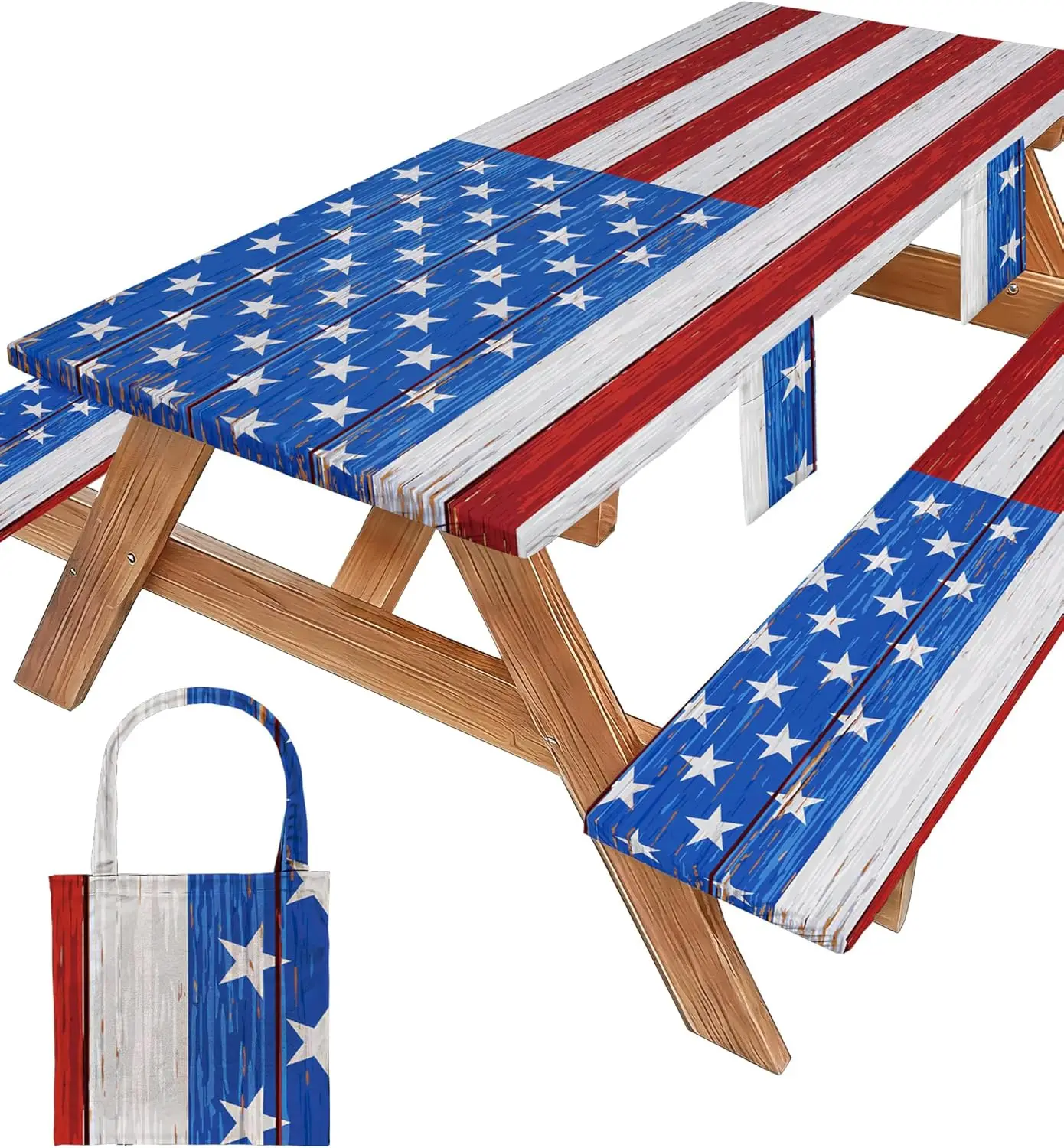 

Waterproof Picnic Table Cover with Bench Covers, Fitted Rectangle Tablecloth for Camping, RV, Road Trip, American Flag Design