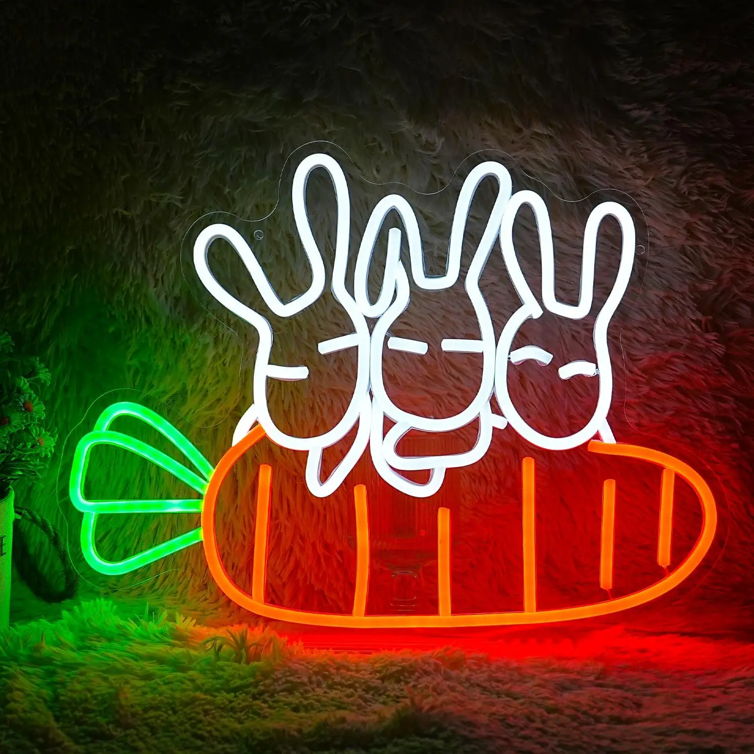 Coniglio Carota Insegna al neon Simpatico LED Decorazione da parete con luce Bianco Arancione Verde Illumina Ristorante Animale Camera dei bambini Regalo di compleanno per bambini