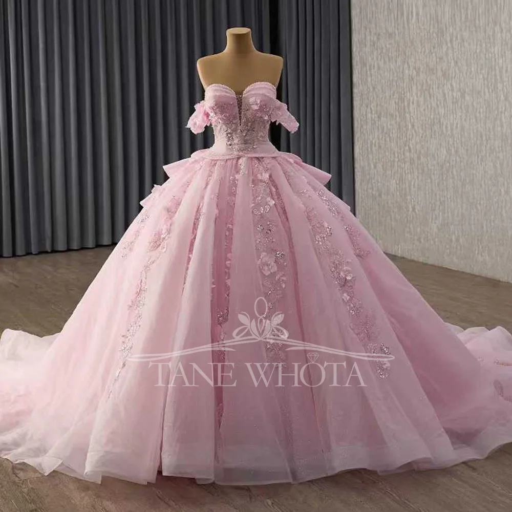 

Pink Sweetheart Off The Shoulder Quinceanera Dress With Lace-Up Back Appliques Beading Sequined Vestido De 15