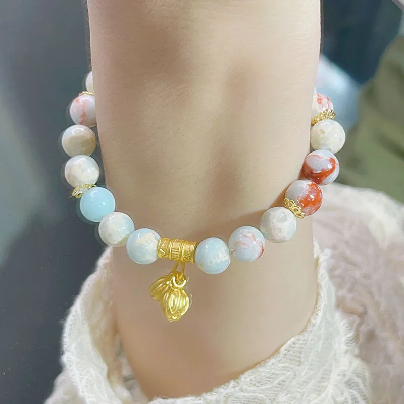 New Shoushan Stone Bracelet Women's Simple Retro Lily Longevity Lock Two World Lovers Pendant Bracelet Girlfriends Bracelet