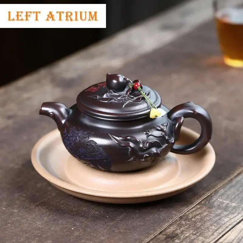 

300ml Yixing Purple Clay Teapot Handmade Longevity Peach Antique Pot Raw Ore Antique Brass Mud Kettle With Strainer Zisha Teaset