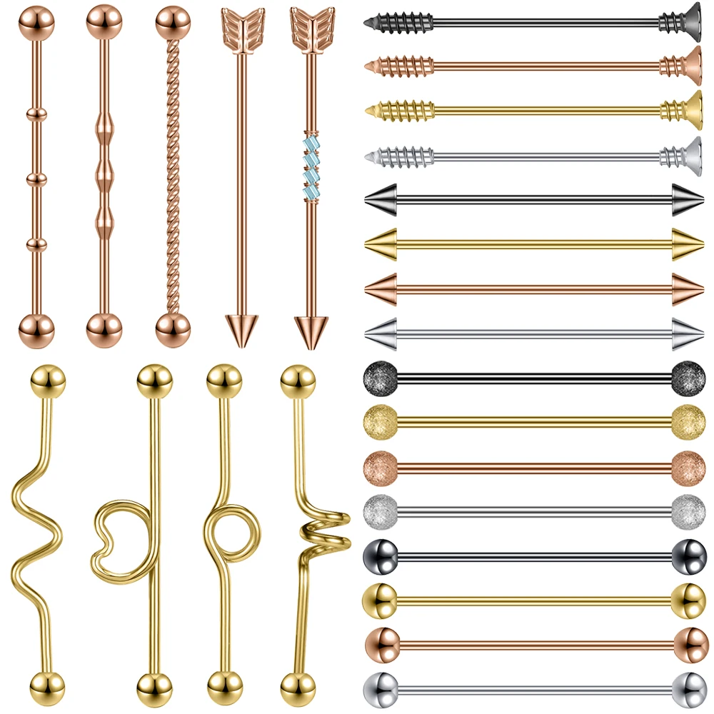 ZEMO 14G Stainless Steel Inustrial Earring Gold Plated Barbell Piercings Crystal Long Ear Studs Cartilage Earring Body Piercing