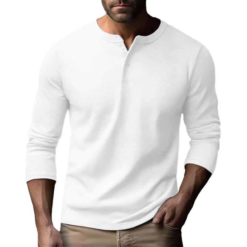 Autumn Winter Men's Henry Collar T-Shirts Long Sleeve Solid Casual Tshirt Man Pull On Sports Tees Wrinkle Free Daily Basics Tops
