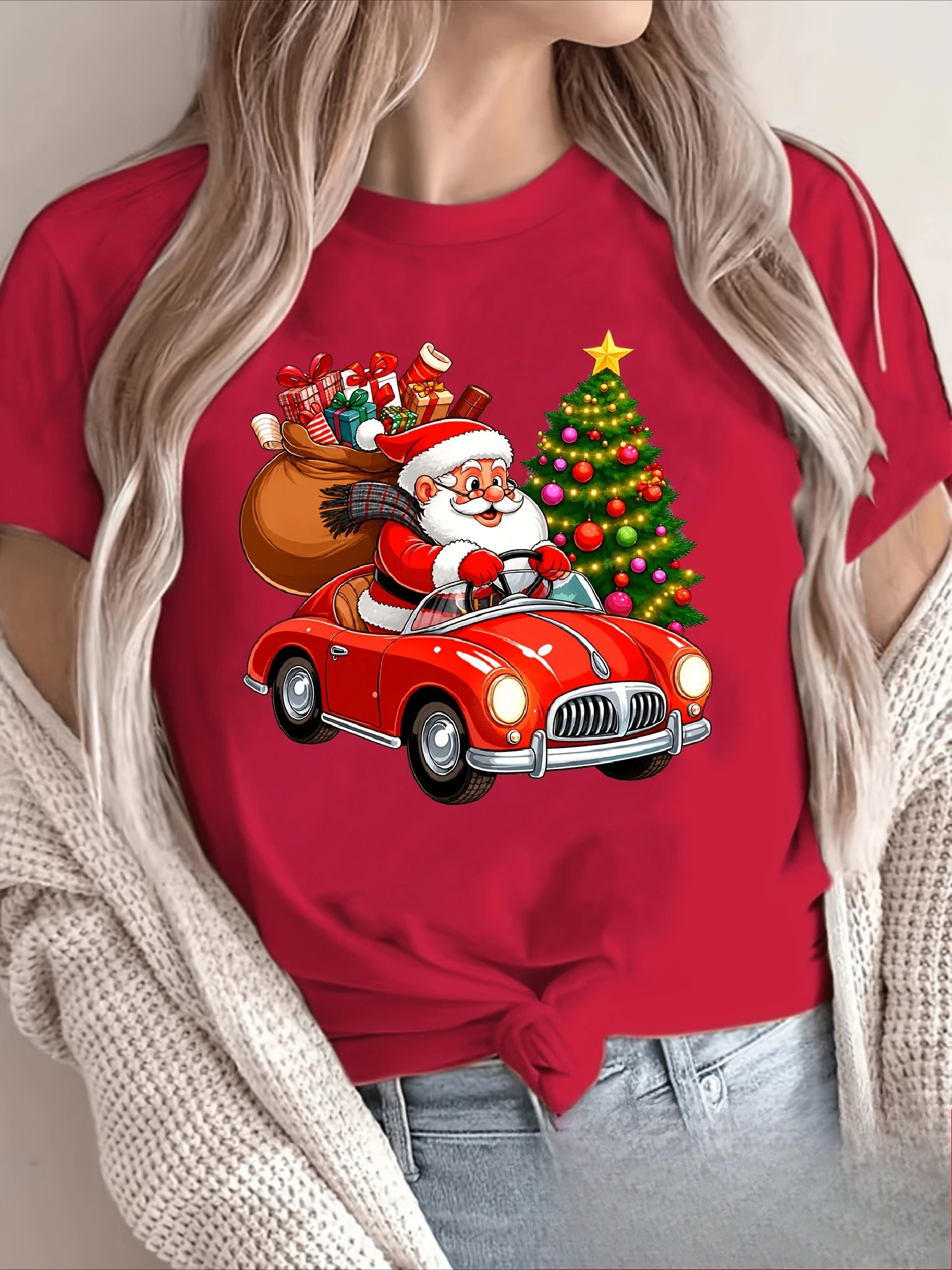 Christmas Holiday Women's Red Short Sleeve T-Shirt Graphic Print of Santa Driving A Convertible with A Gift Sack Christmas Tree
