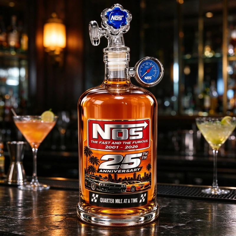 NOS  Fast and The Furious 25th Anniversary Decanter, Nitrous Oxide Bottle Shaped Glass Whiskey Decanter, Bar Decor Gift