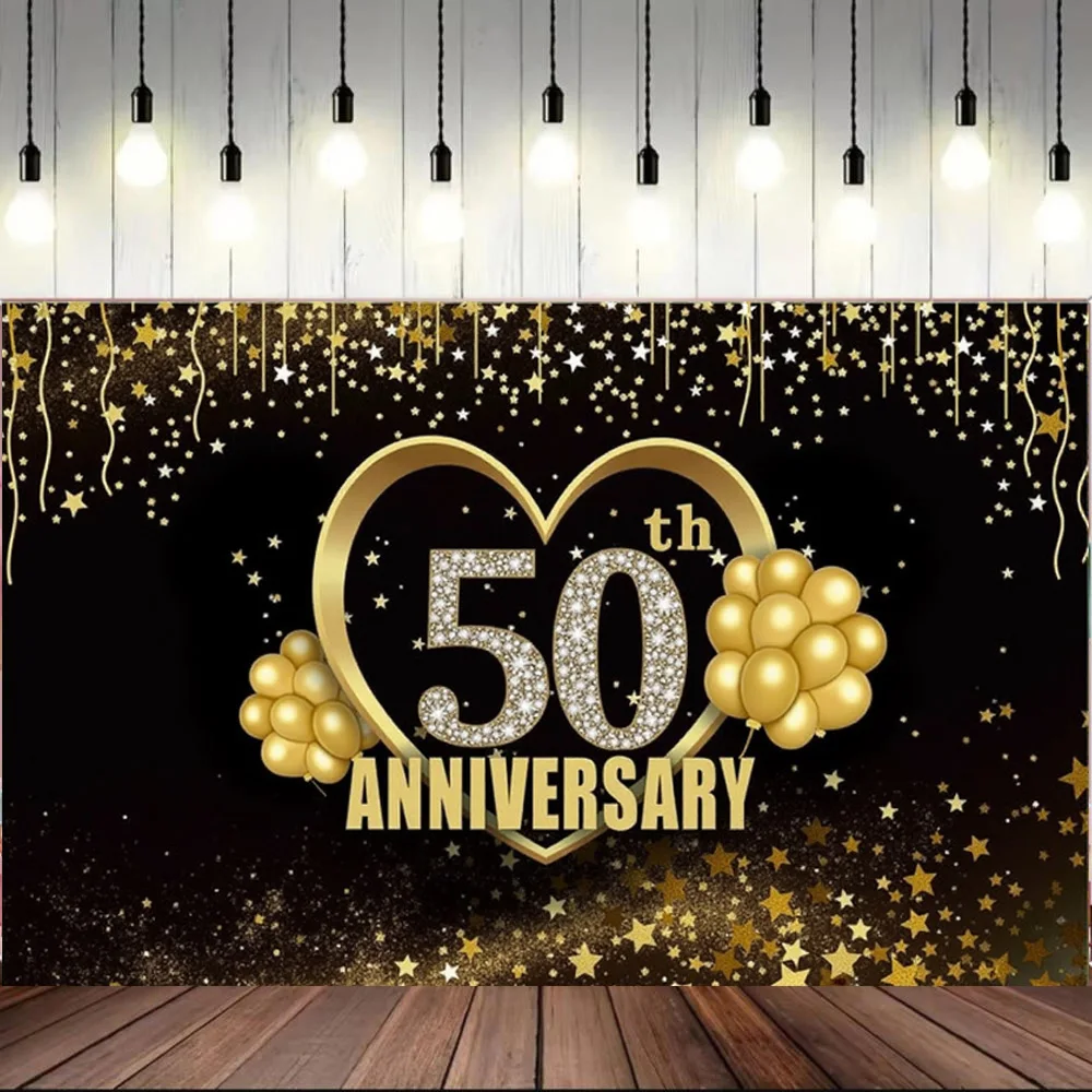 50th Anniversary Wedding Anniversary Theme Party Background Decoration Black GoldBalloon Family Party Banner Backdrop 180x110cm