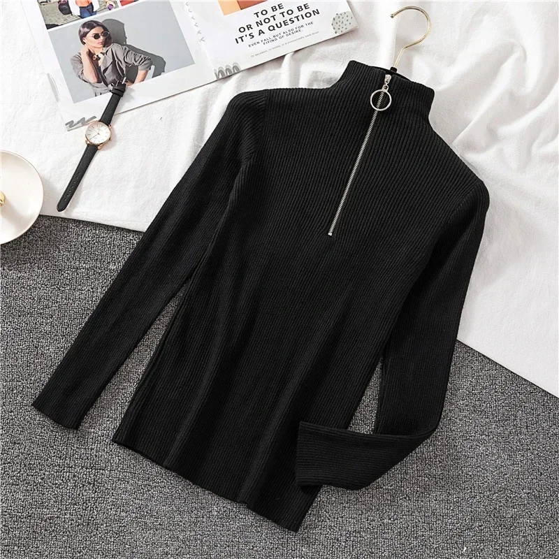 OCEANLOVE Zipper Half Turtleneck Sweater Women Solid Slim Autumn Winter Clothes Sueter Mujer Basic Fashion Pullovers 12605