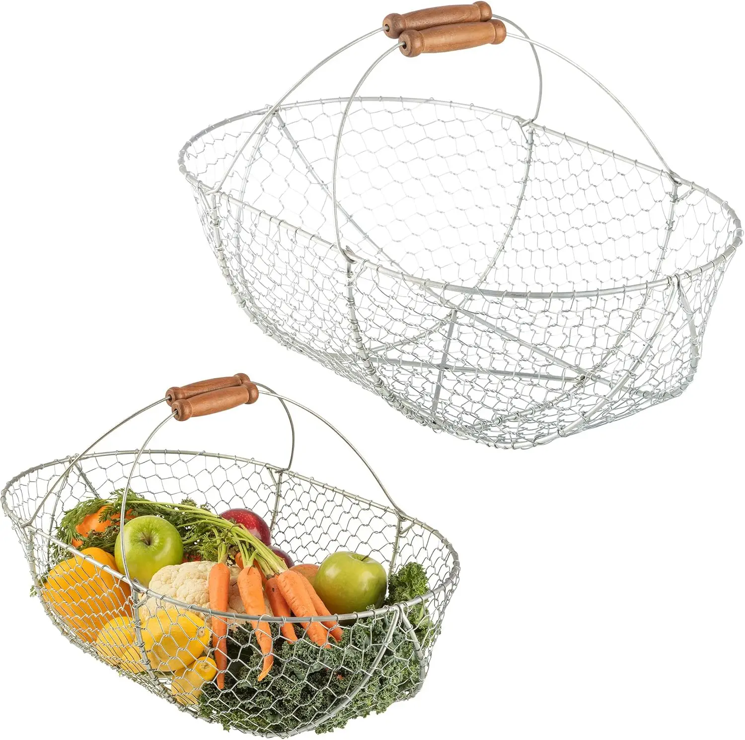 2 Pack Garden Harvest Basket Set with Wood Handles, Nestable Mesh Wire Gathering Hod, Rust Resistant Steel Egg Collecting Basket for Veggies Fruits and Farmhouse Decor