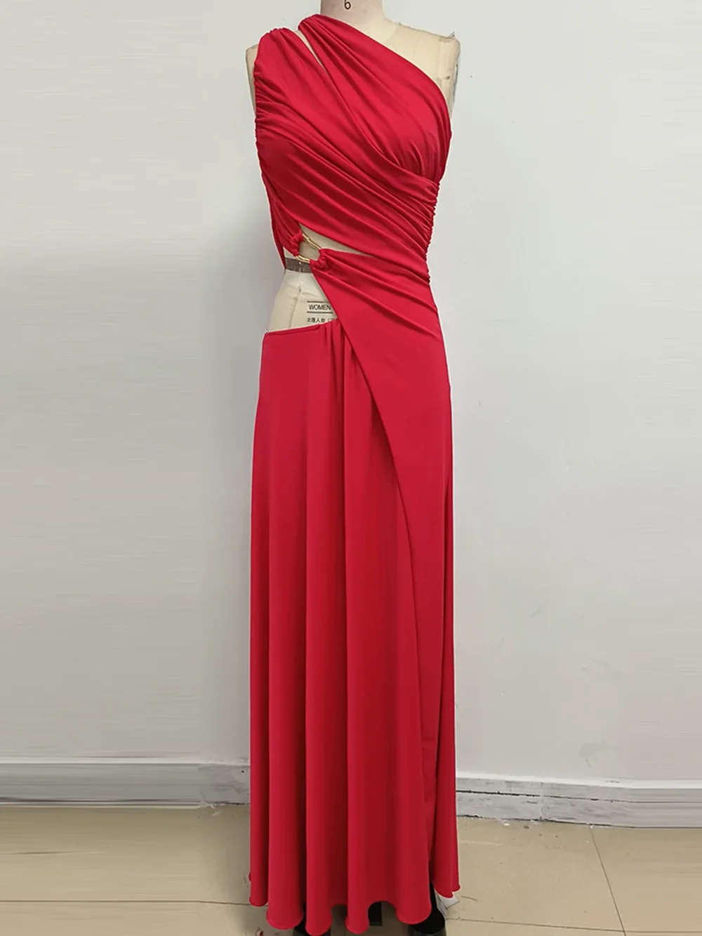 Modphy Robe de soirée longue rouge sexy à une épaule pour femme avec détail découpé pliable fente fluide élégante robe de soirée élégante