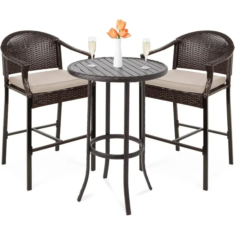 3-Piece Patio Bar Table Set, Outdoor Wicker Bar Height Bistro Furniture for Backyard, Poolside, Balcony w/Barstools, Cushions