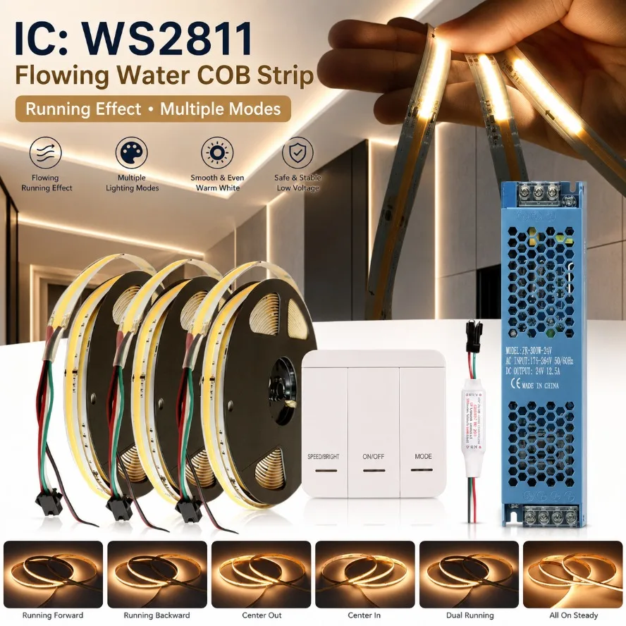 Running Water Flowing Light Strip Kit 40m-5m 24V WS2811 COB LED Strip 360LEDs/m Addressable Wireless Controller Power Supply Kit