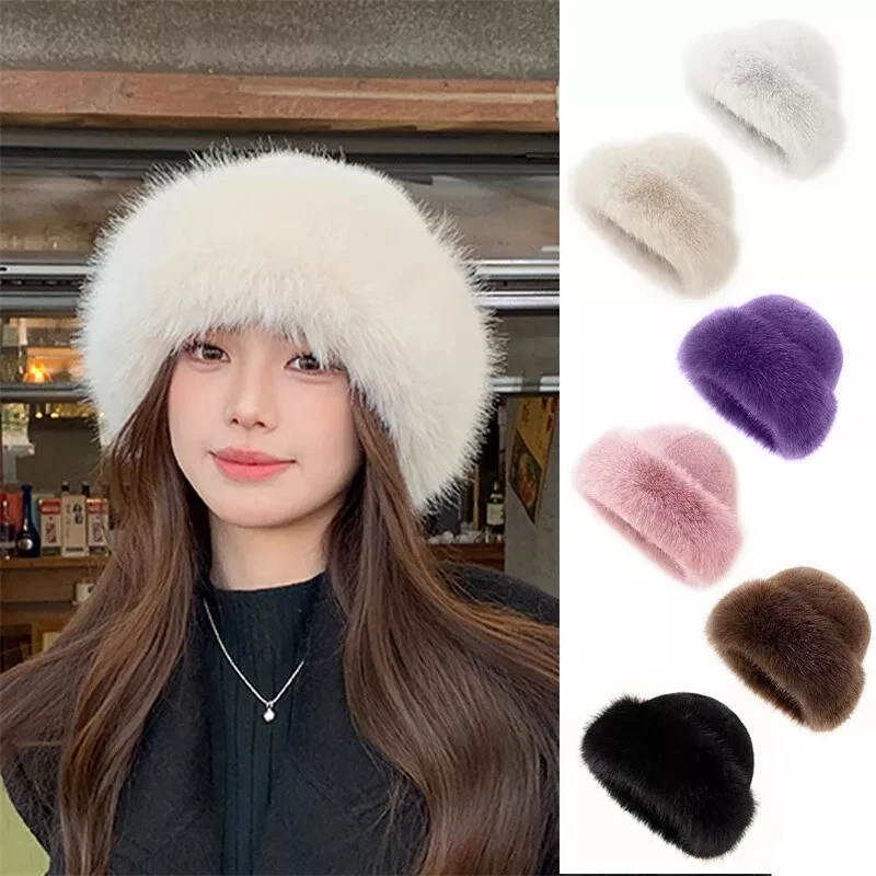 Faux Fur Fisherman Cap Women Girls Simple Solid Colour Fluffy Hat Winter Warm Fluffy Plush Bucket Hat Fashion Accessories