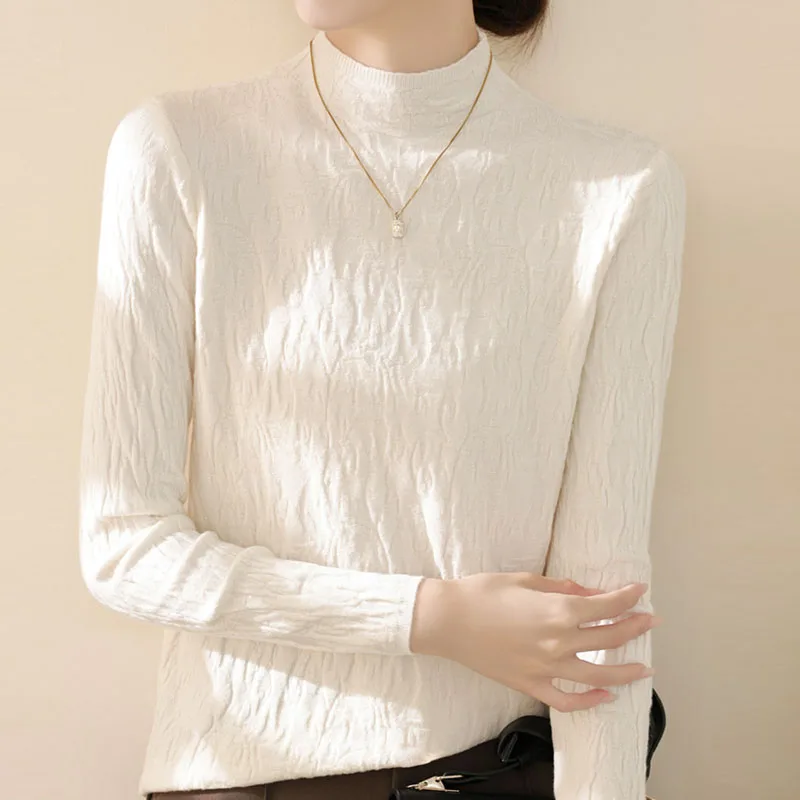 

Knitted Sweater Women Pullovers New Long Sleeve Mock Neck White Knit Sweater Pullover Women Tops Sweaters Sueters De Mujer Q1010
