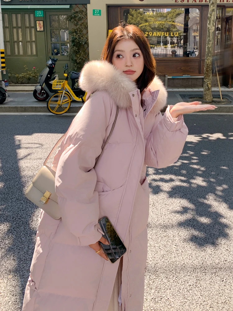 เสื้อโค้ทขนเป็ดสีชมพู แขนยาว สำหรับผู้หญิง ความยาวระดับเข่า แต่งขนที่ปก สไตล์เกาหลี ทรงตรง เหมาะสำหรับใส่ไปทำงาน