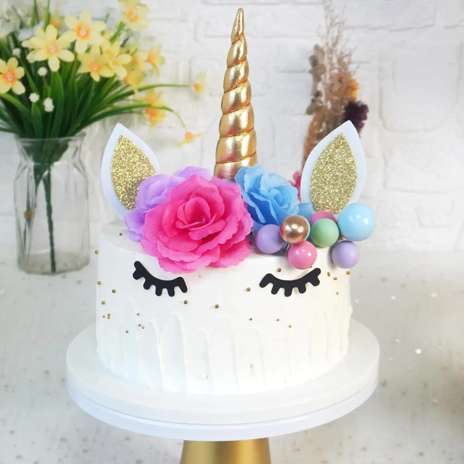 38-teiliges Einhorn-Kuchenaufsatz, Einhorn-Kuchendekorationen mit Blumen, Kugeln, Sternen, für Jungen und Mädchen, Geburtstagsfeier, Babyparty-Zubehör – Detail 4