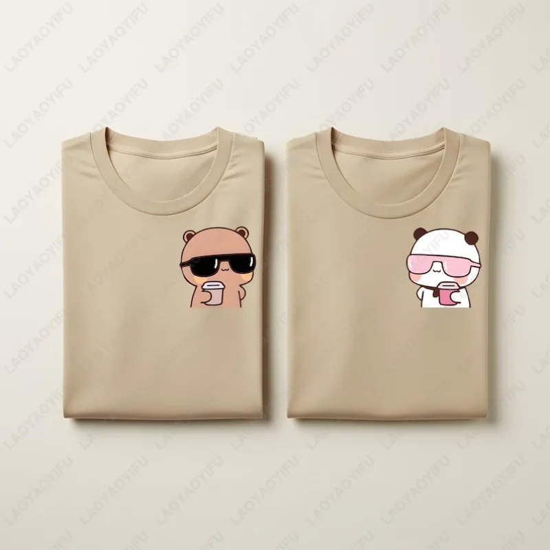 Bubu Dudu Bear Shirt Matching Couple Outfit Coffee Lover Unisex Adult Cotton Tee Wedding Couple Valentines Gift Cute Casual Tops