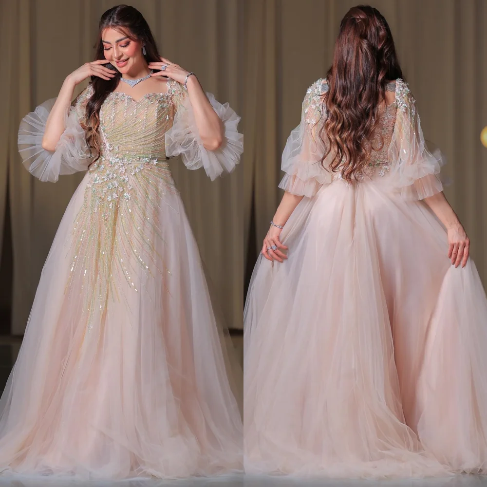 

Customized Exquisite Fashion Organza Sequined Pleat A-line Sweetheart Long Dresses Bespoke Occasion Casual