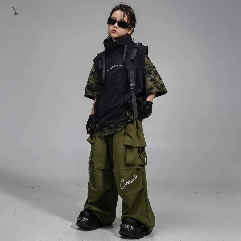 Kids Military Streetwear Hip Hop High Collar Vest Camouflage T-shirt Cargo Pants Girls K-pop Clothes Set Child Jazz Costume
