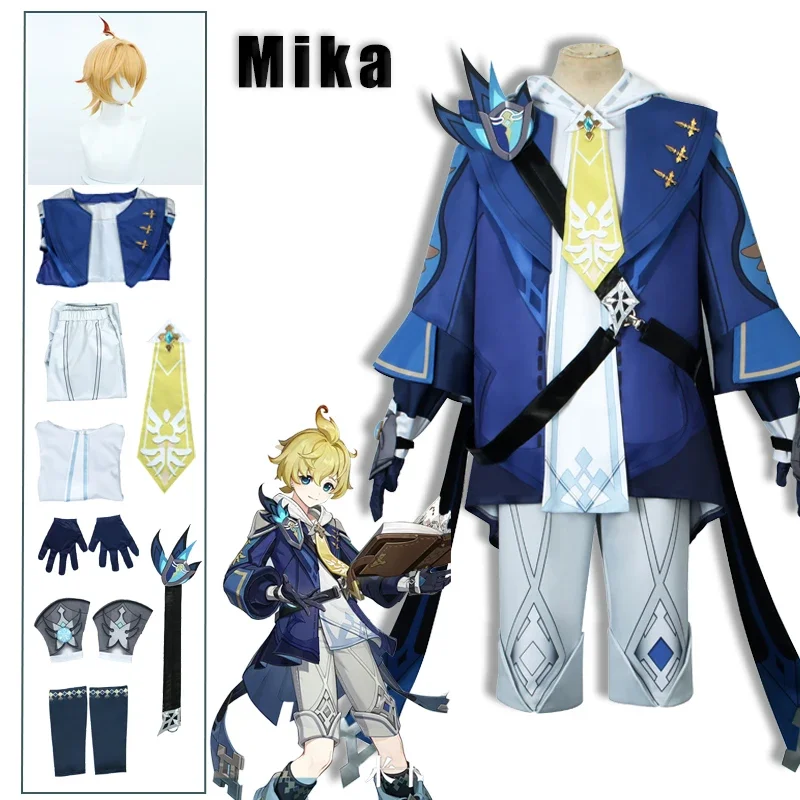 Mika cosplay genshin impacto traje topógrafo genshin mika cosplay outfit halloween bonito menino cosplay terno mochila uniforme peruca