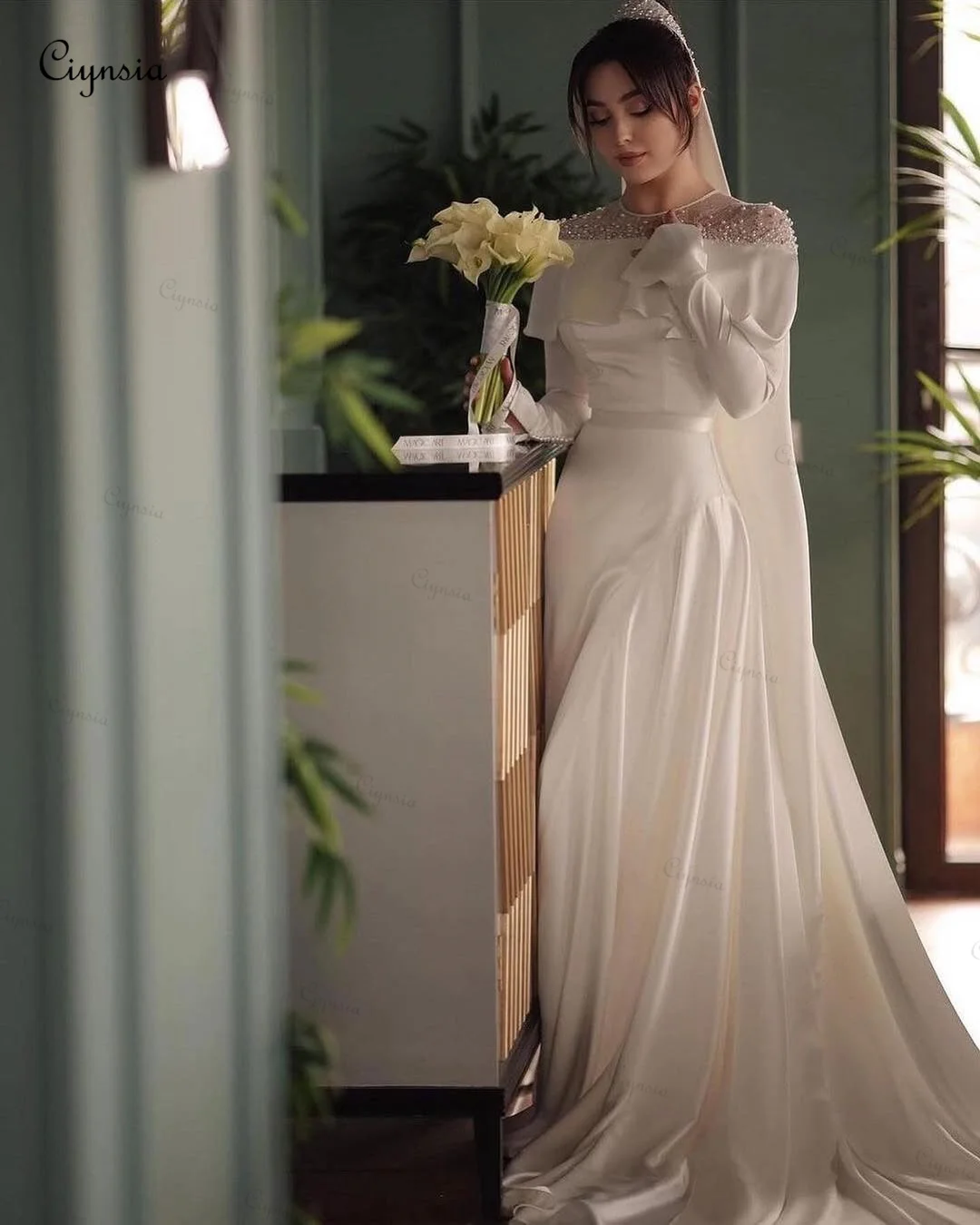 Ciynsia Customized Silk Satin Pearls Beaded Wedding Gown Full Sleeves Ivory Bridal Dress 2026 New Vestidos De Novia Princesa