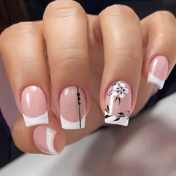 24Pcs/Set Gloss Medium Square Press On Nails Pink And White False Nails With Flower Pattern Artificial Reusable Fake Nails