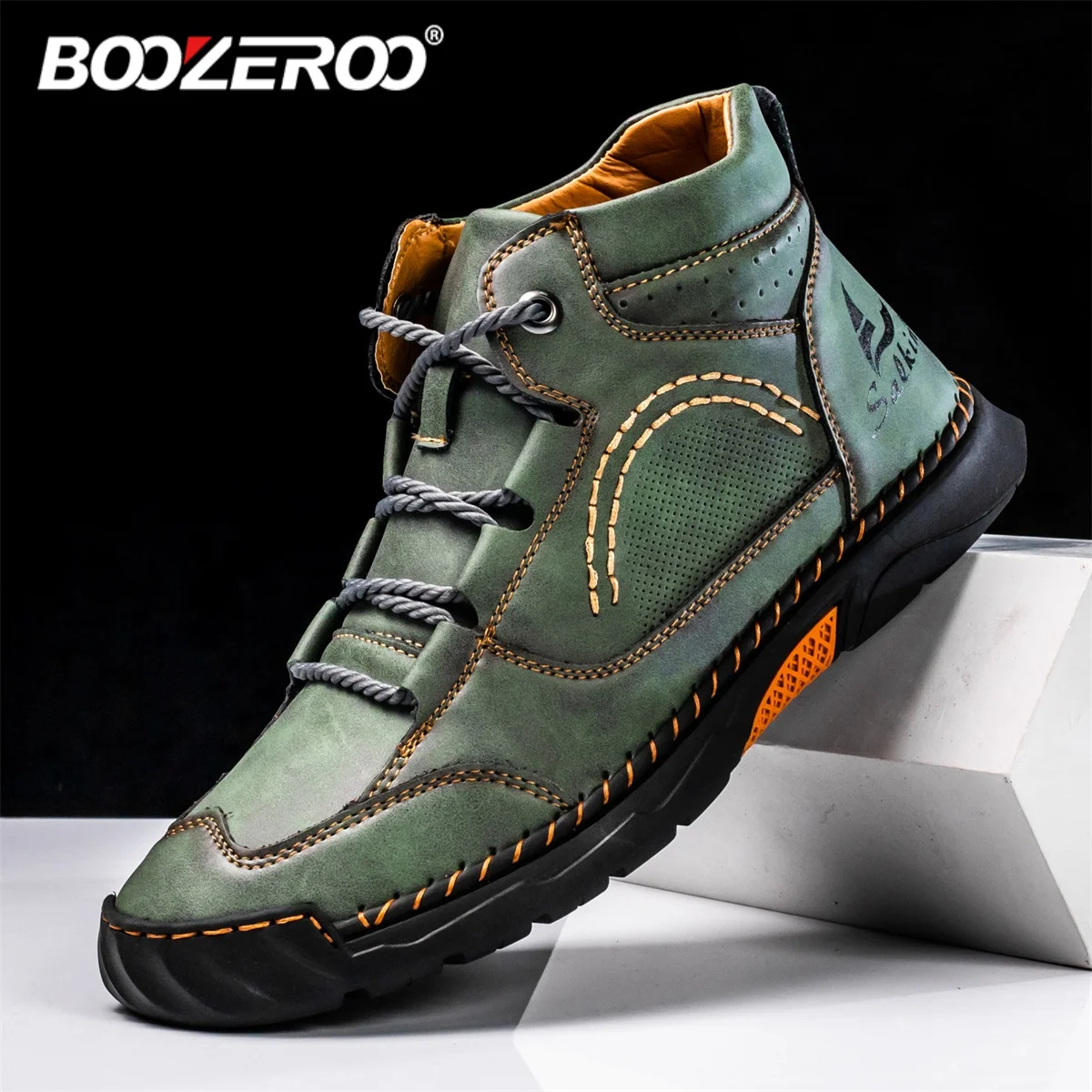 BOOZEROO Fashionable Casual Leather Men's Shoes Outdoor Anti Slip Sneaker Comfortable Driving Flats