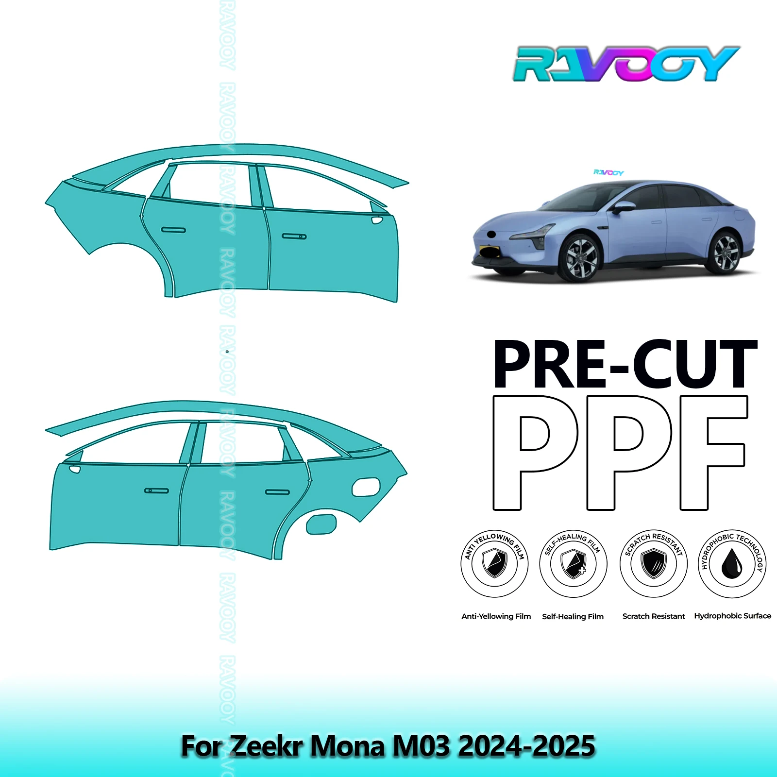

For Zeekr Mona M03 2024-2025 8.5mil Clear Matte Pre-Cut PPF Door & A/B Pillar Kit TPU Paint Protection Film Set