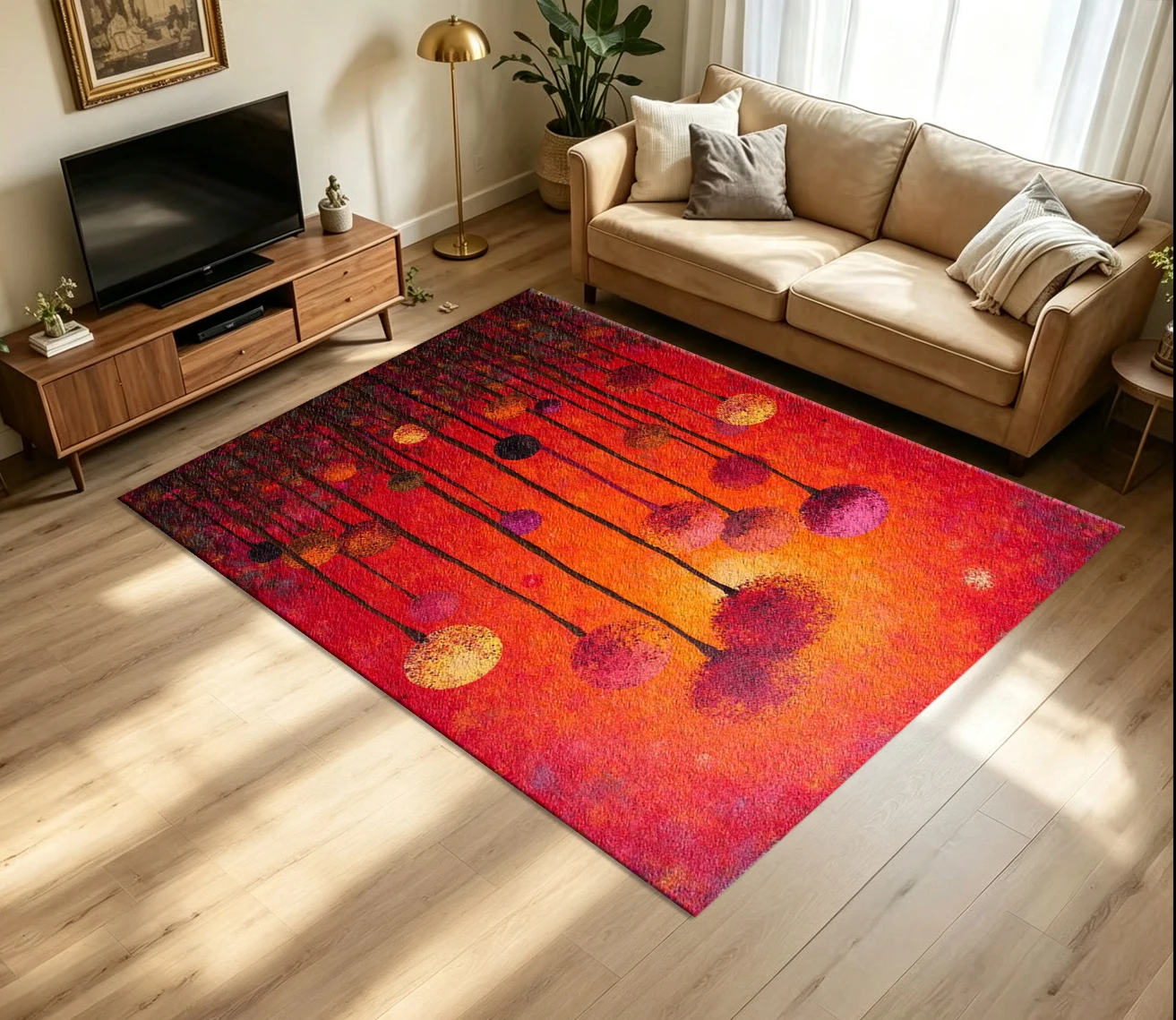 Abstract Dandelion Art Painting Carpet Flooring Warm Red Orange Textured Plant Printed Floor Rug for Household Indoor Home Ornament