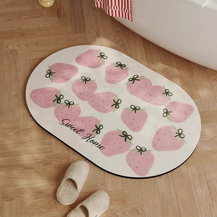 VIKAMA Cute Pink Strawberry Oval Bath Mat Non Slip Washable Absorbent Floor Rug Sweet Cartoon Bedroom Bathroom Decor Mat