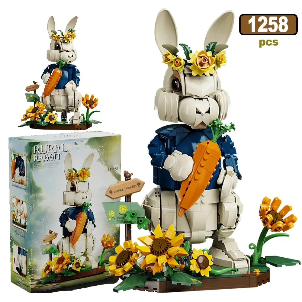

Конструктор MOC: Модель кролика, креативные деревенские мотивы, морковь, подсолнухи, украшение для стола, сборные фигурки животных, игрушки из кирпичиков, подарки для детей
