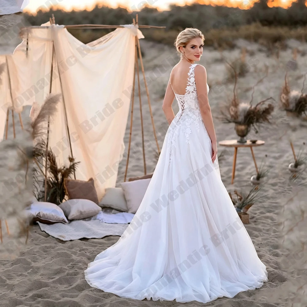 Customized Boho Sleeveless Wedding Dresses Applique V-Neck Vestidos De Novia Sweep Train Tulle A Line Corset Bridal Gown