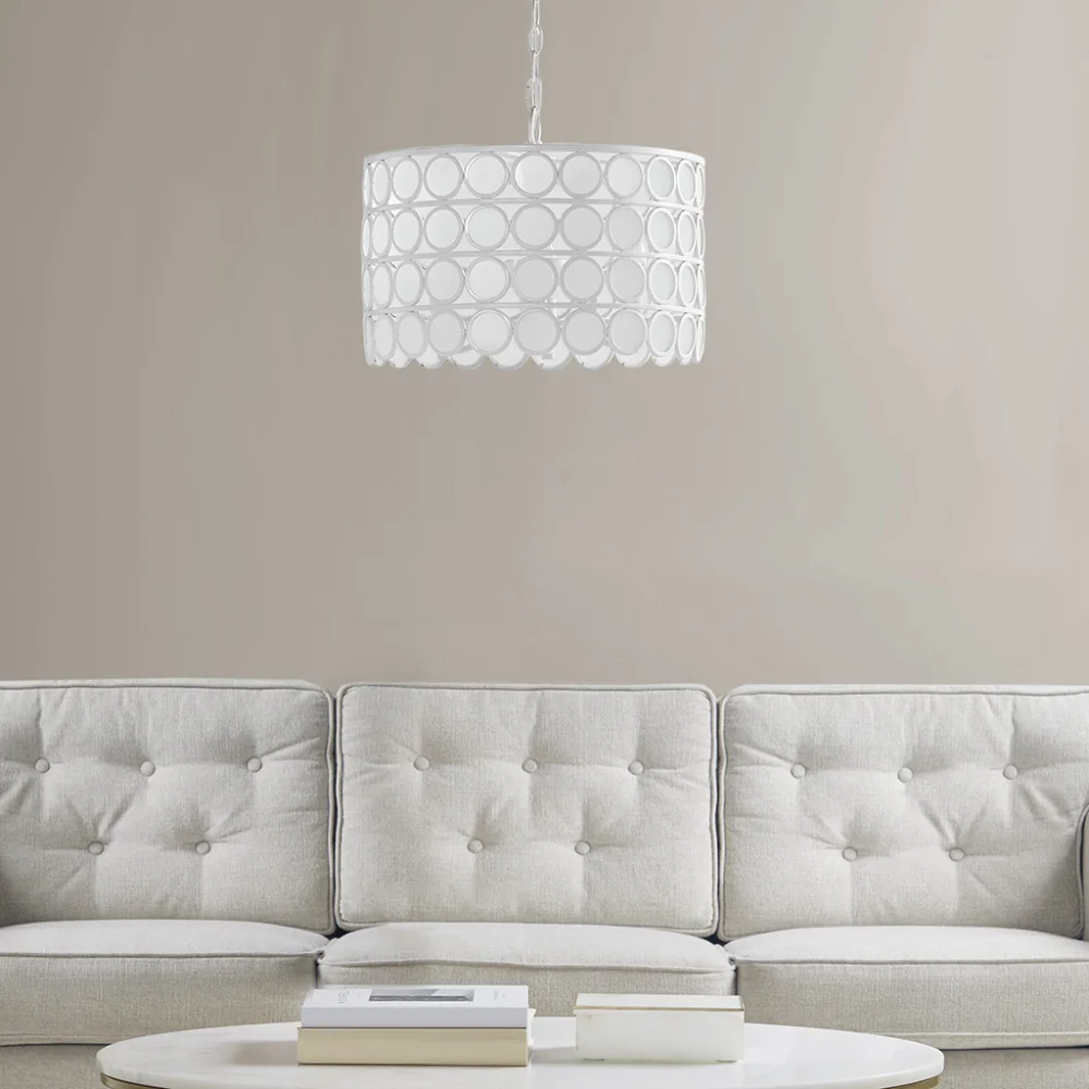 4-Light Glass Drum Shade Chandelier,Mid-century design features a drum-shaped glass shade