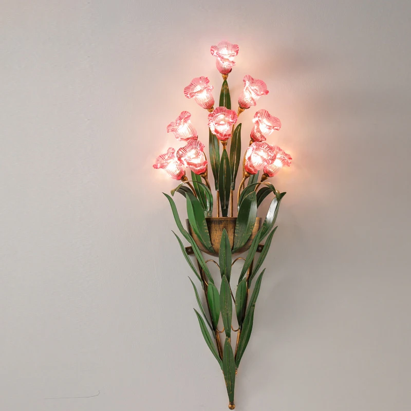 Living Room Vintage Flower Wall Lamp Creative Glass LED Wall Light European Background Simple Aisle Light Bedroom Bedside Sconce