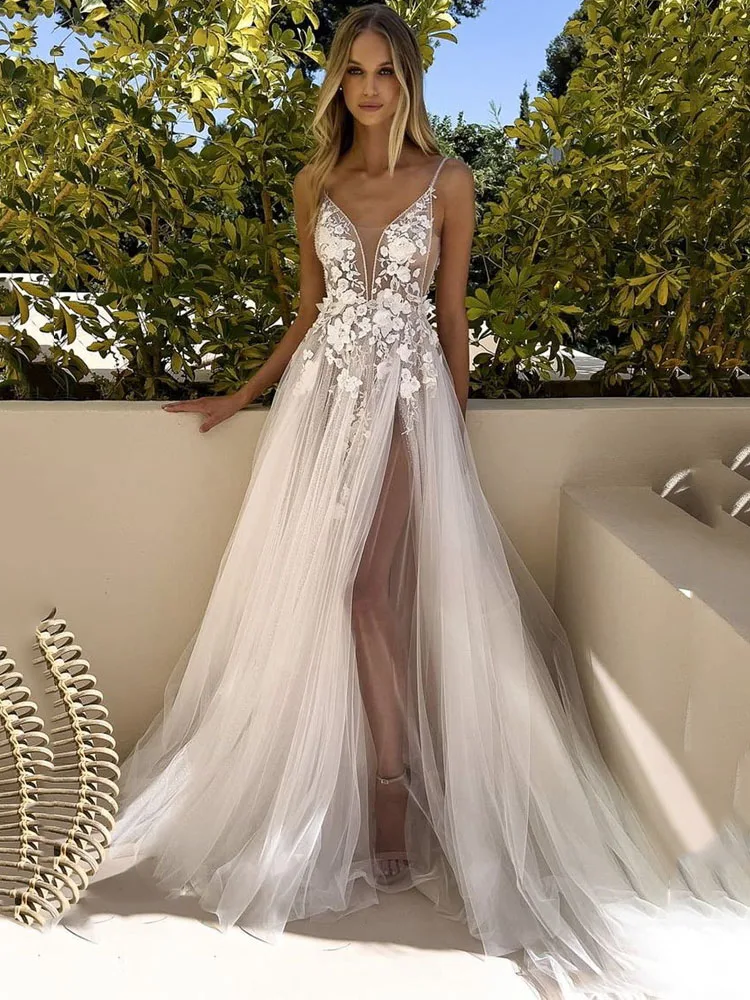 Yunshang vestido de casamento com decote em v profundo, alças espaguete, apliques de renda 3d, costas nuas, divisão lateral alta, vestido de noiva personalizado