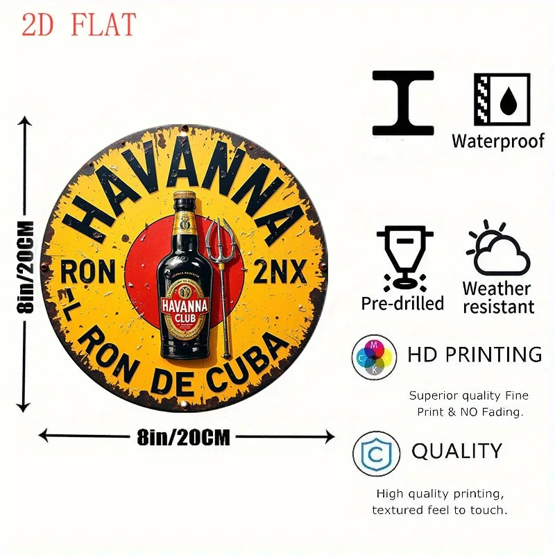 2D Flat - 1pc Havana Style Cuban Rum Logo Vintage Metal Wall Sign - 8-Inch Retro Havana Brand Art, Ideal for Bars, Caves, And Cu