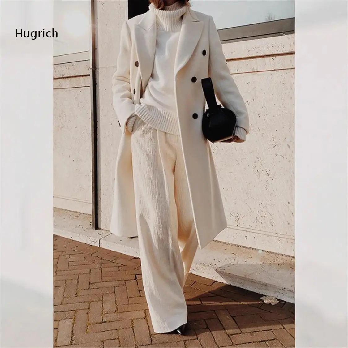 Ladies Notched Lapel Double Breasted Long Overcoat Loose Cut Mid Length Outer Layer For Office Work And City Street Occasions
