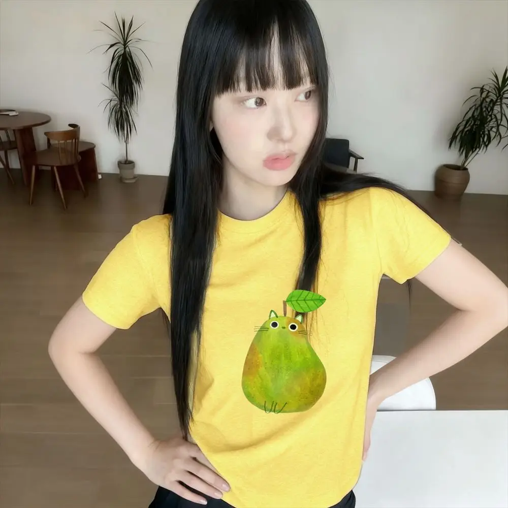 Cute Pear Cat Graphic T-Shirt Women Summer Short Sleeve Funny Fruit Print Cutecore Clothing Female Casual Fashion Y2k Sale Tops