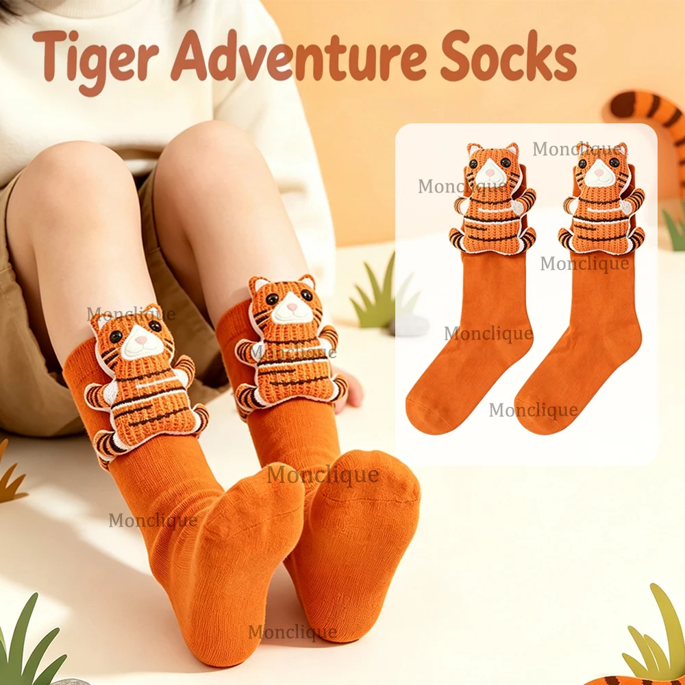 1/2 Pair 3D Stereo Tiger Cartoon Socks Cute Knitted Animal Plush Doll Tube Socks High Elasticity Breathable Fun Household Goods