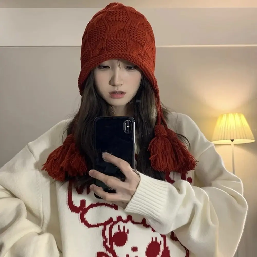 

Повседневная ветрозащитная вязаная шапка с кисточками для защиты ушей, зимняя шапка, теплый головной убор для женщин