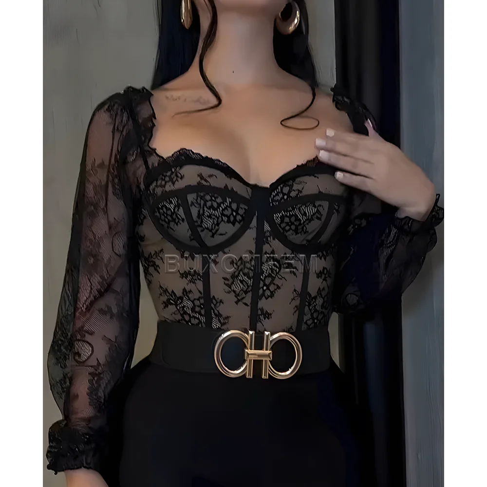 

Женский сексуальный корсет с длинными рукавами из сетчатого кружева, облегающий, невидимый, моделирующий фигуру, для йоги, бесшовный, корректирующий топ