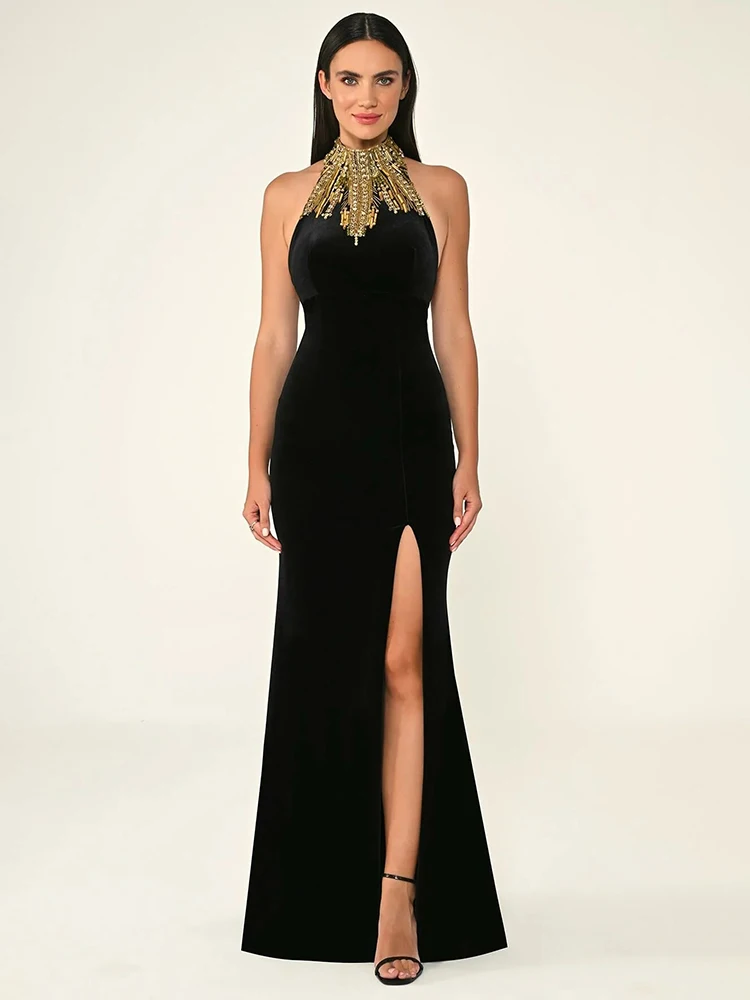 

Elegant Black High Neck Long Bandage Dress with Gold Beaded Collar and Thigh Slit – Formal Evening Gownfor Women