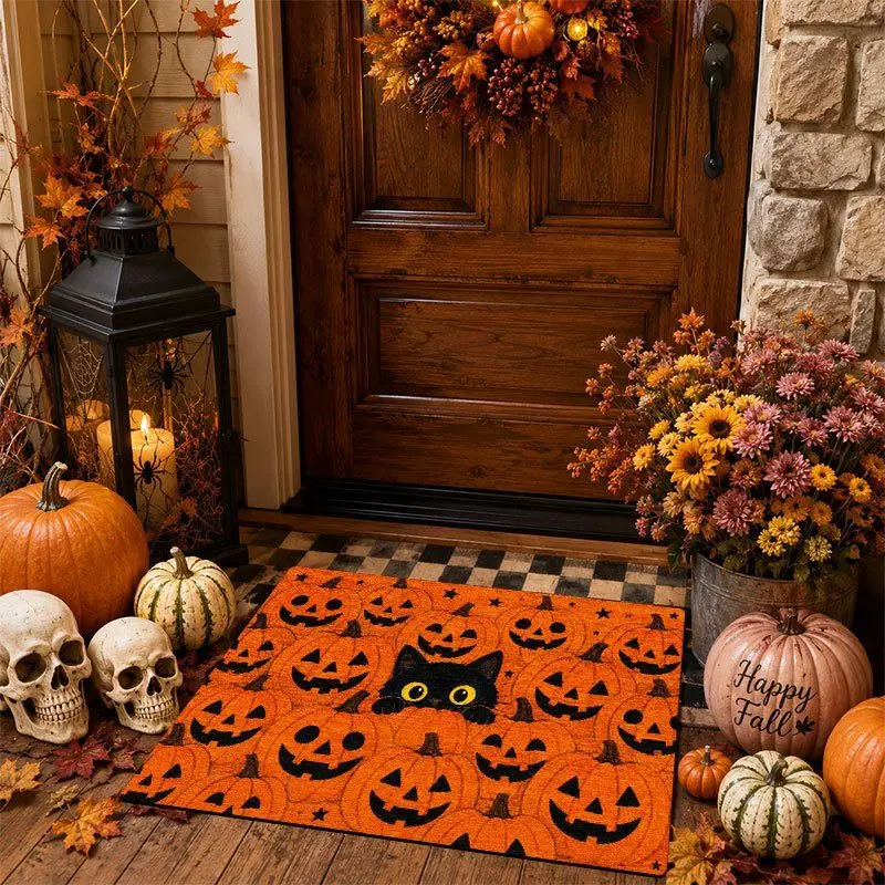 VIKAMA Peeking Black Cat Pumpkin Halloween Doormat 2D Print Non‑Slip Cute Holiday Floor Mat For Indoor Outdoor Front Door Decor