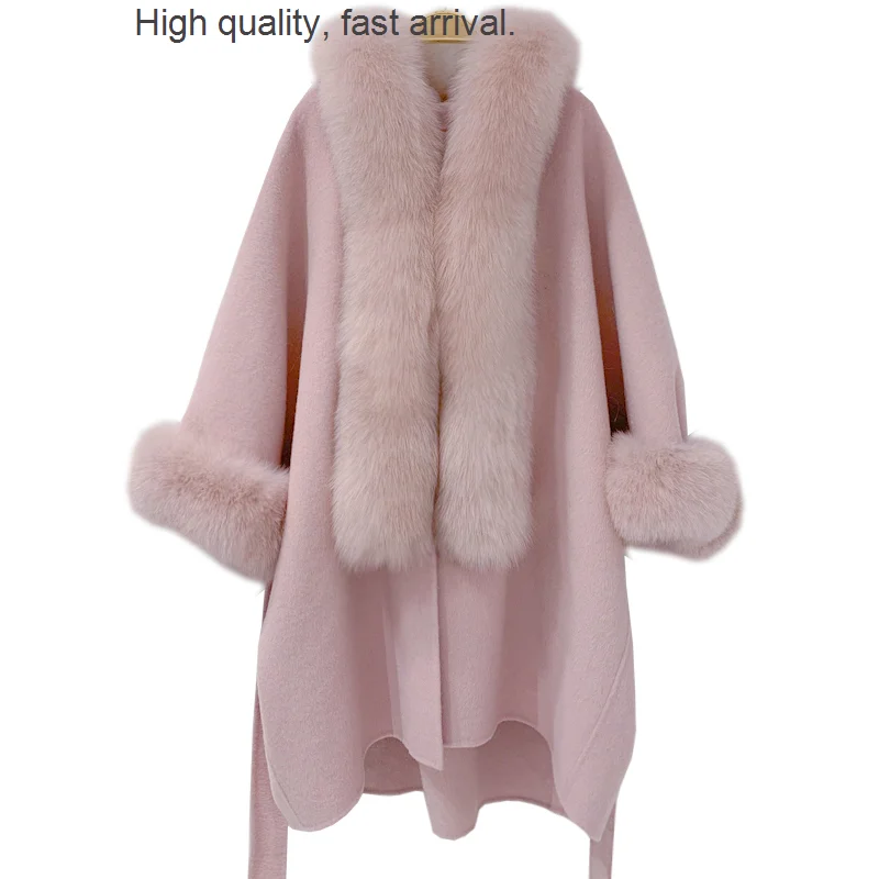 

Korean Style New Reversible Alpaca Fleece/Fiber Fox Fur Cloak Double-Faced Woolen Goods Mid-Length Coat Women